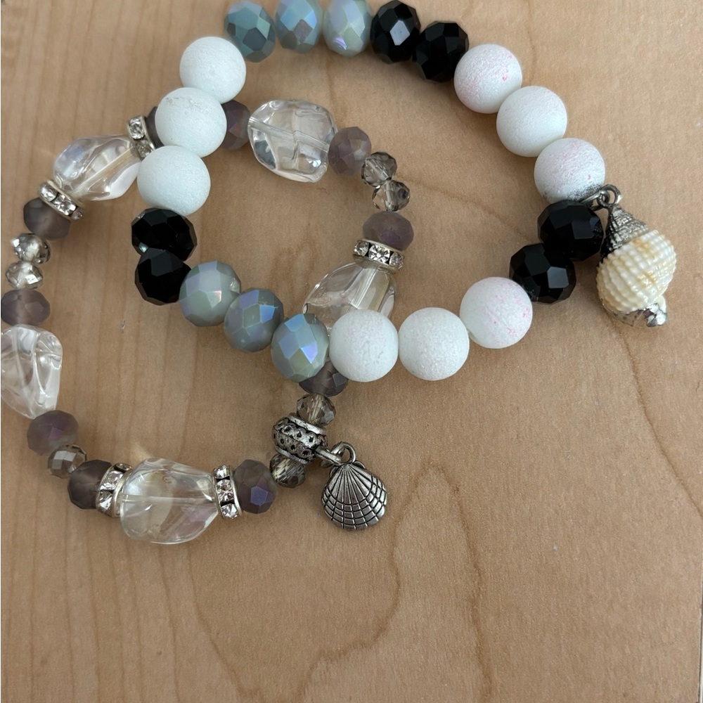 Beaded Stretch Bracelet Set with Shell Charms/ Vacation/ Shore